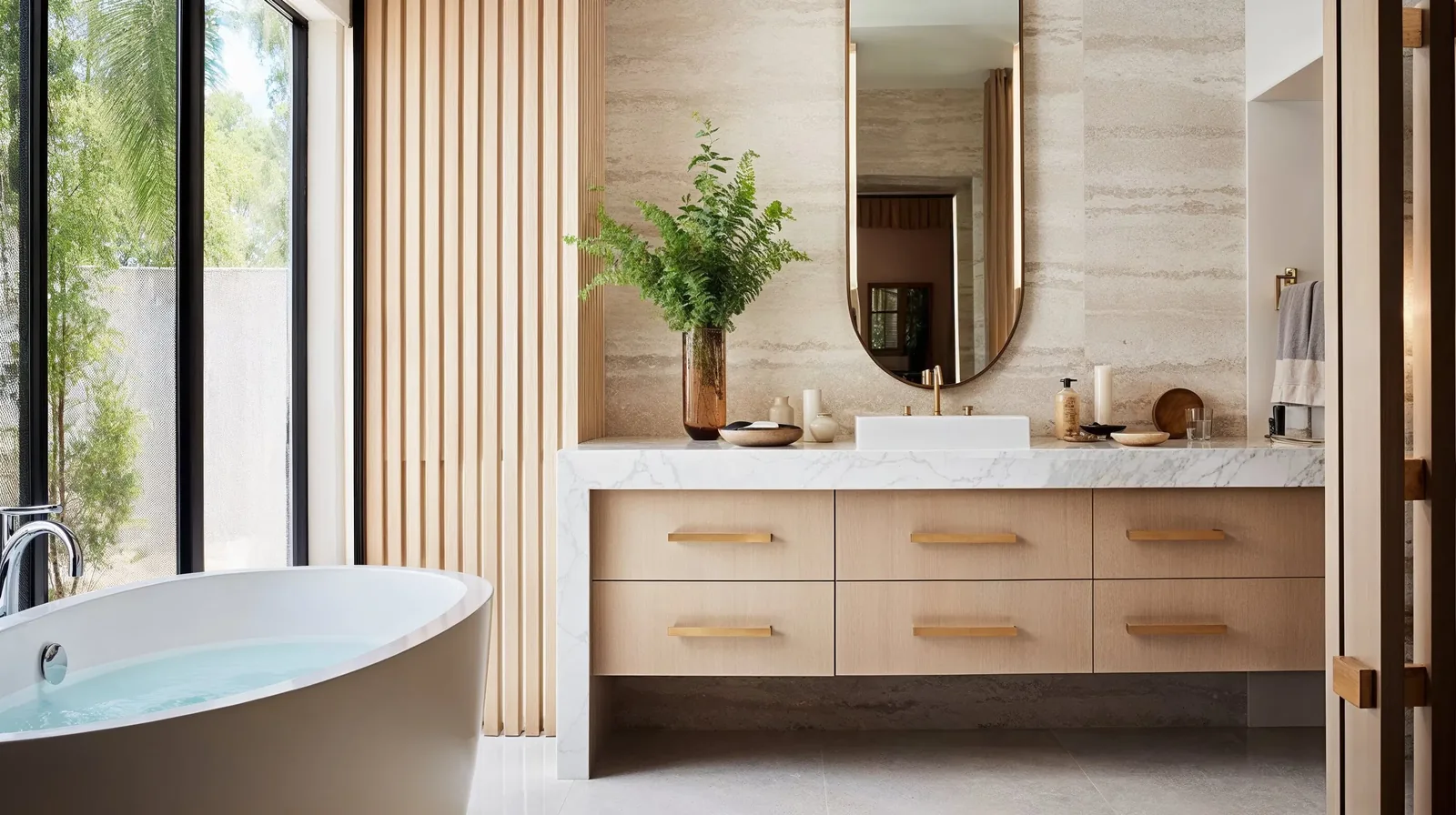 Bathroom renovation inspiration with a floating vanity and freestanding tub